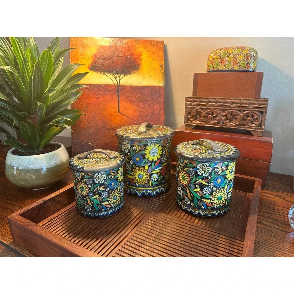 Vintage Daher Floral Metal Canisters Set of 3 Made in Holland Mid Century Tins